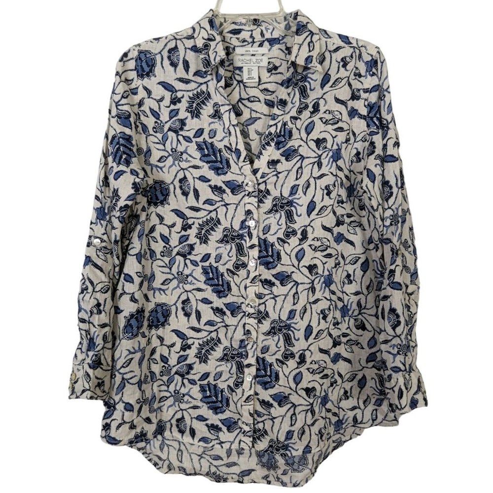 Rachel Zoe 100% linen long sleeve button up floral tab sleeve V neck blouse S